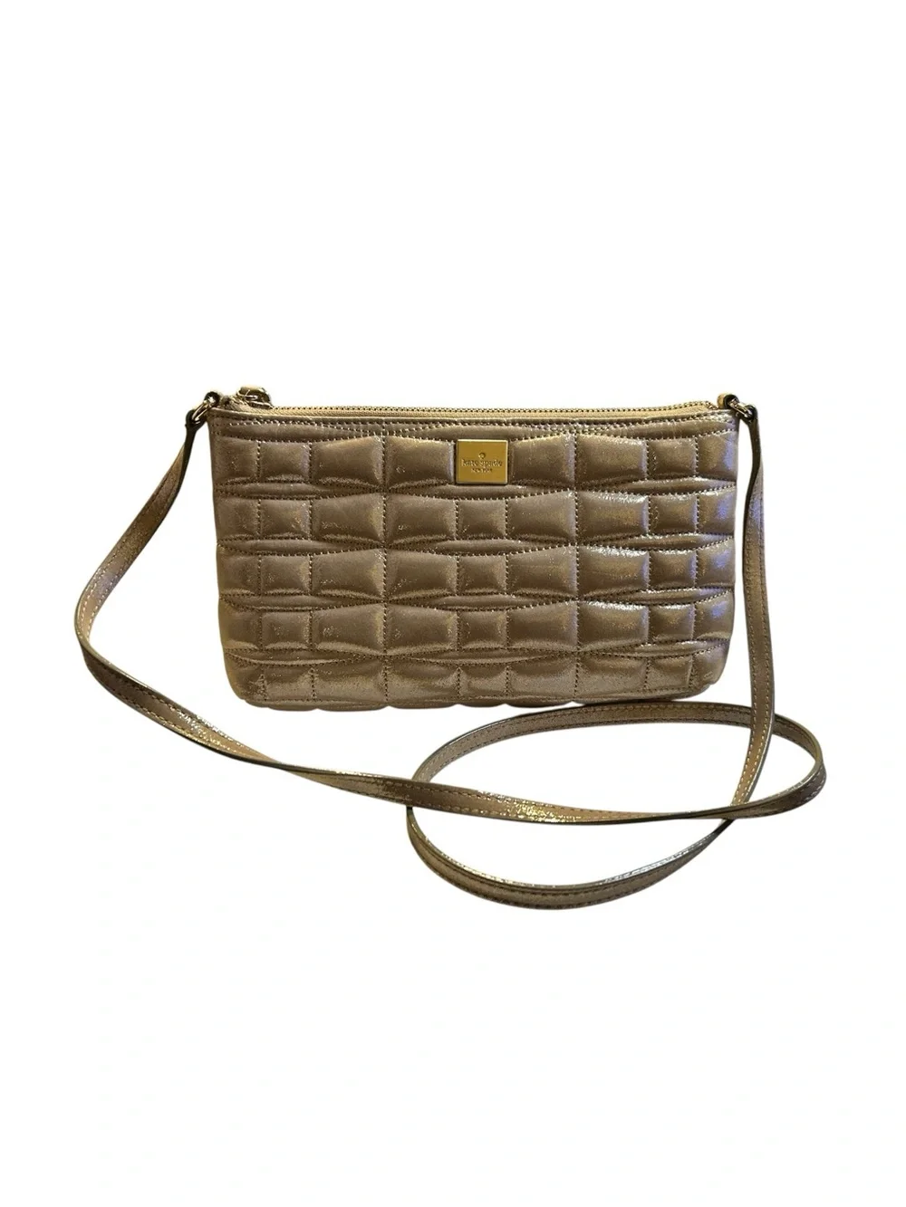 Kate Spade NY Quilted Leather Crossbody Bag Gold Metallic Champagne Purse